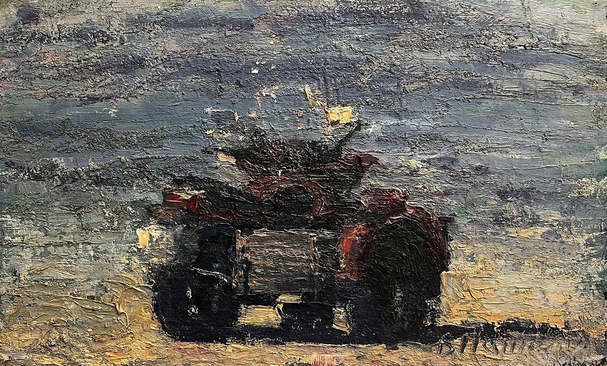 Oil painting of red black tractor by Volodymyr Pashchenko impasto style