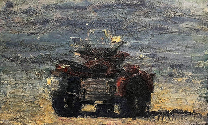 Oil painting of red black tractor by Volodymyr Pashchenko impasto style