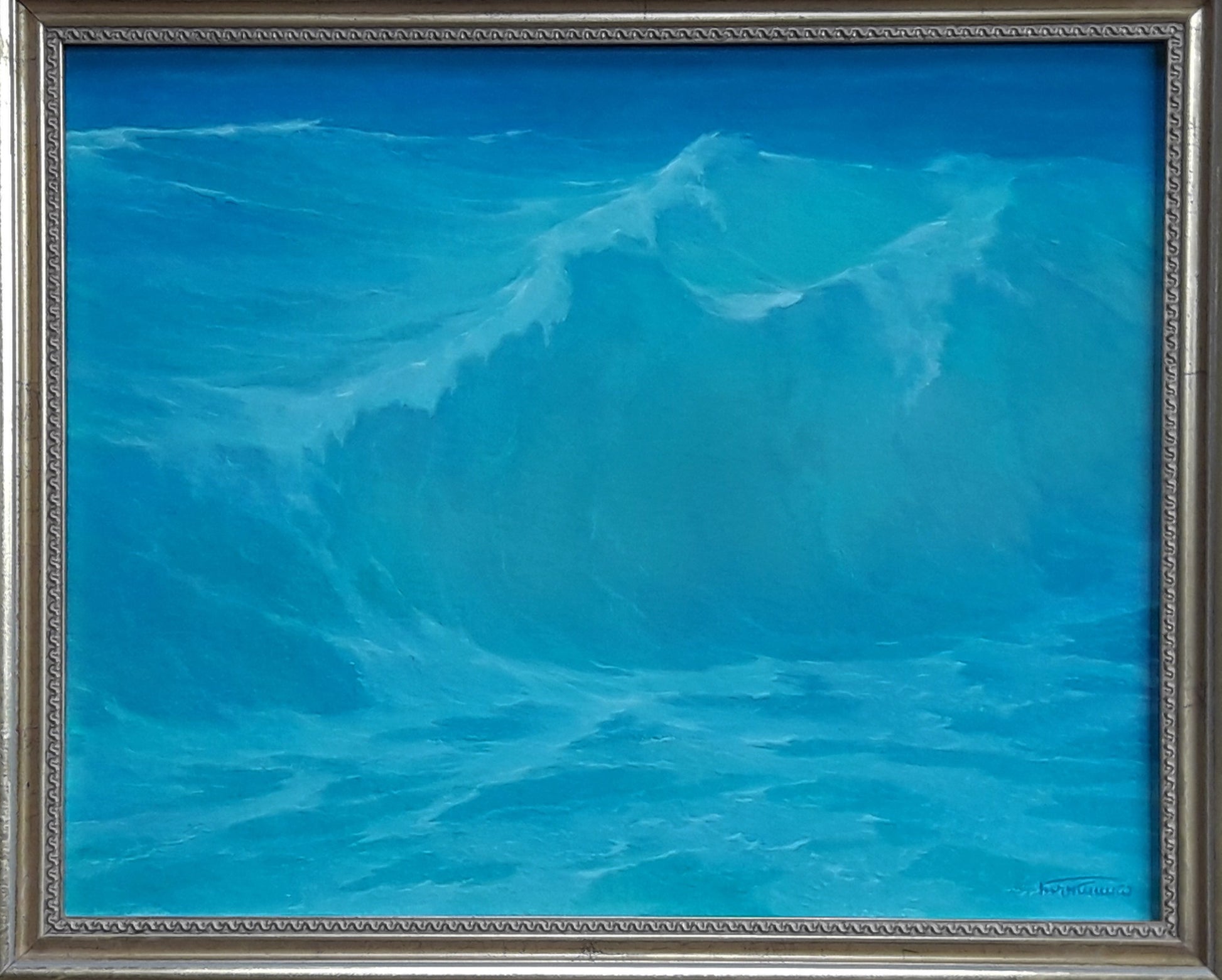 Framed oil painting of dynamic sea waves moving toward sun by Vasily Korkishko