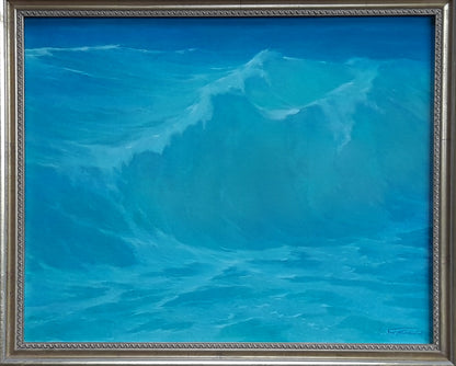 Framed oil painting of dynamic sea waves moving toward sun by Vasily Korkishko