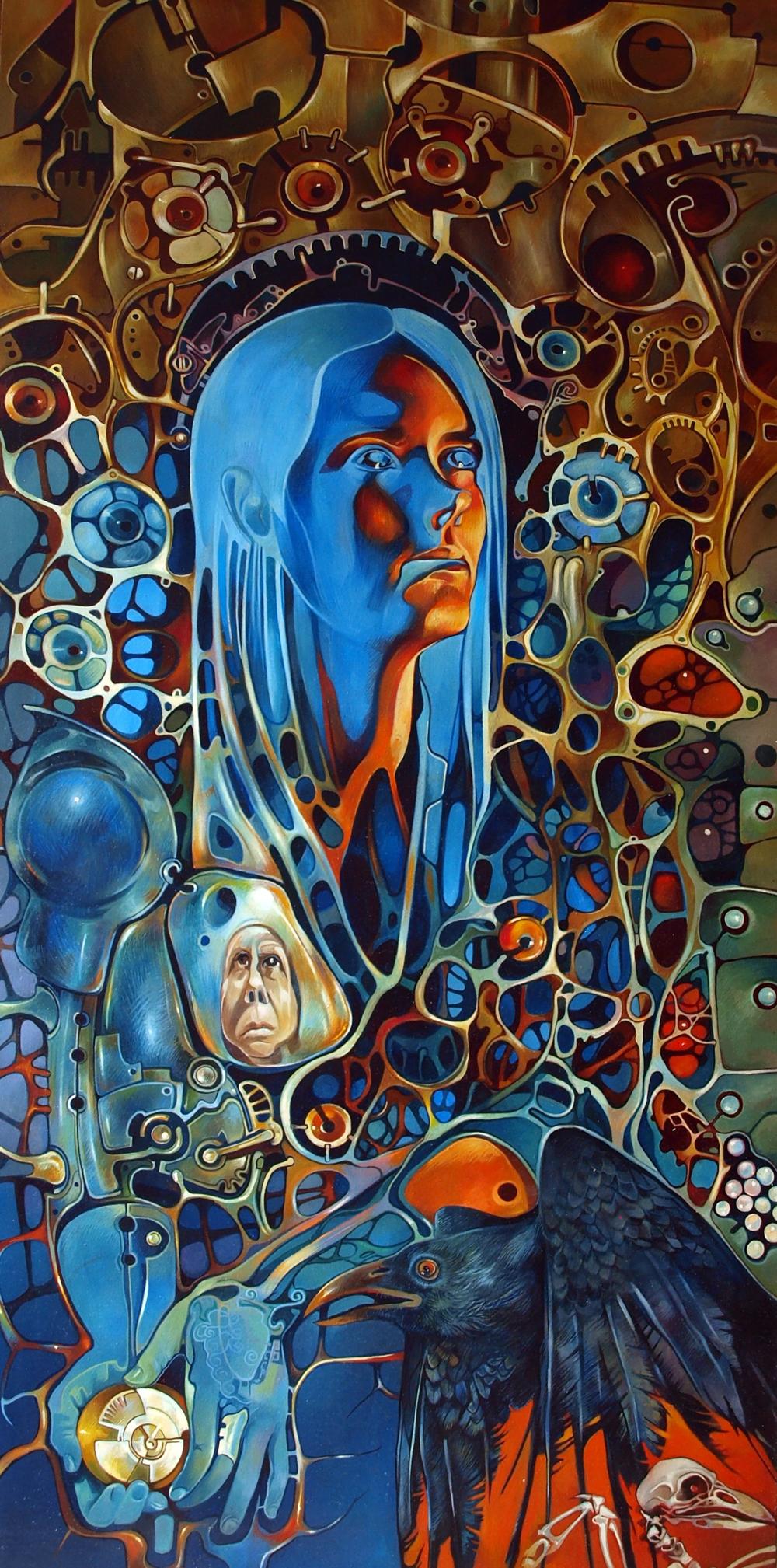 Oil painting Thirteenth unpaired Konsta G. Amelinn with surreal blue-orange figure