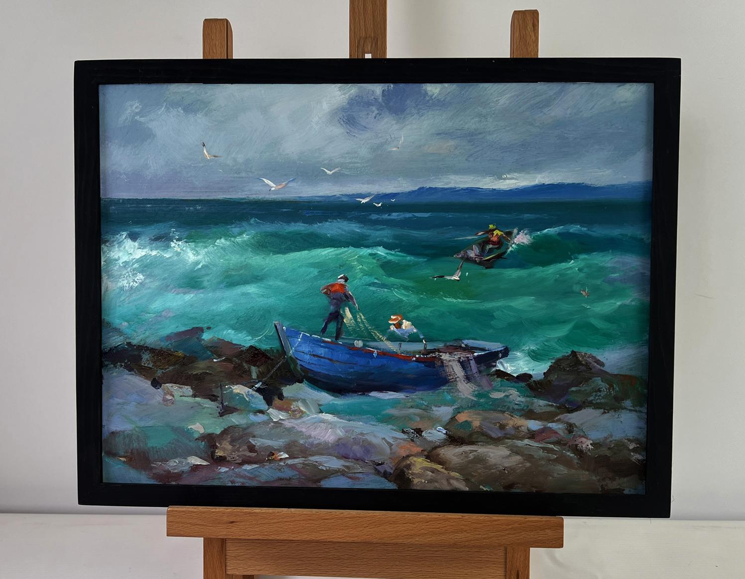 Oil painting Fishermen at sea by Yuriy Suprunchuk: blue boat on turbulent waves