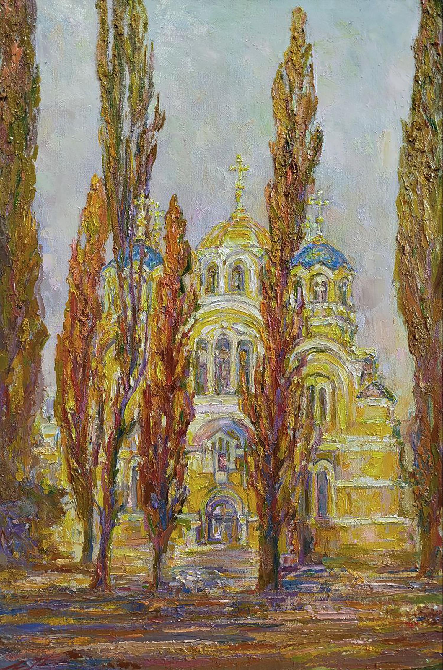 Golden-domed Orthodox cathedral by autumn trees, Leonid Pavlenko oil painting