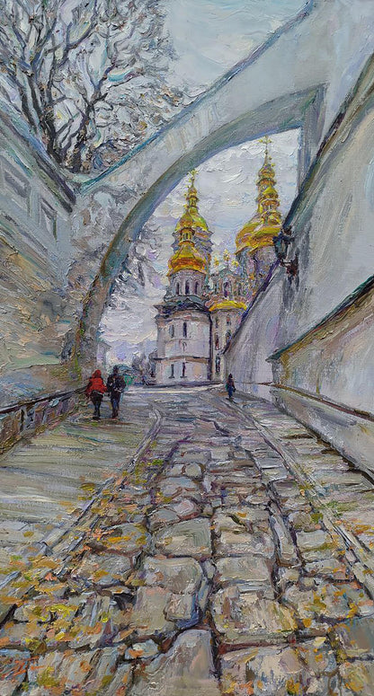 Golden-domed cathedral through arched stone passage, Leonid Pavlenko oil painting