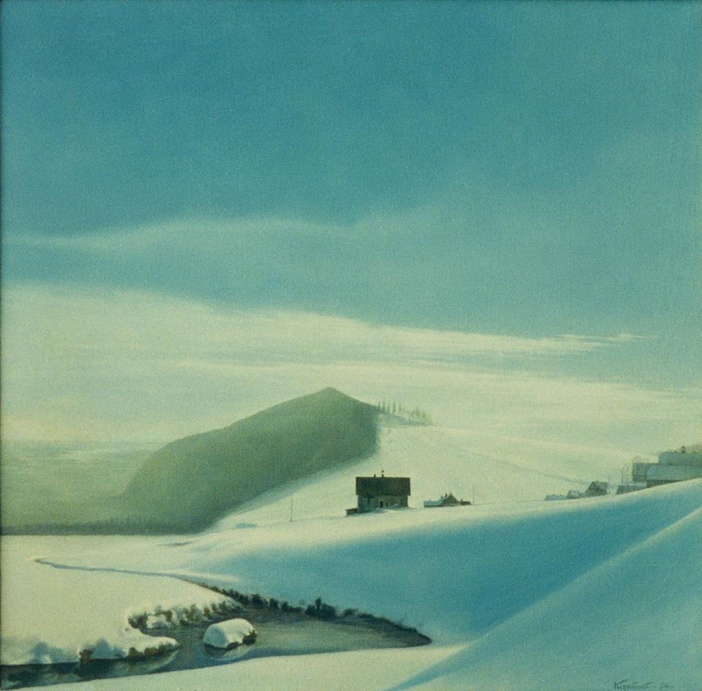 Vasily Korkishko oil painting of serene winter snowstorm night landscape