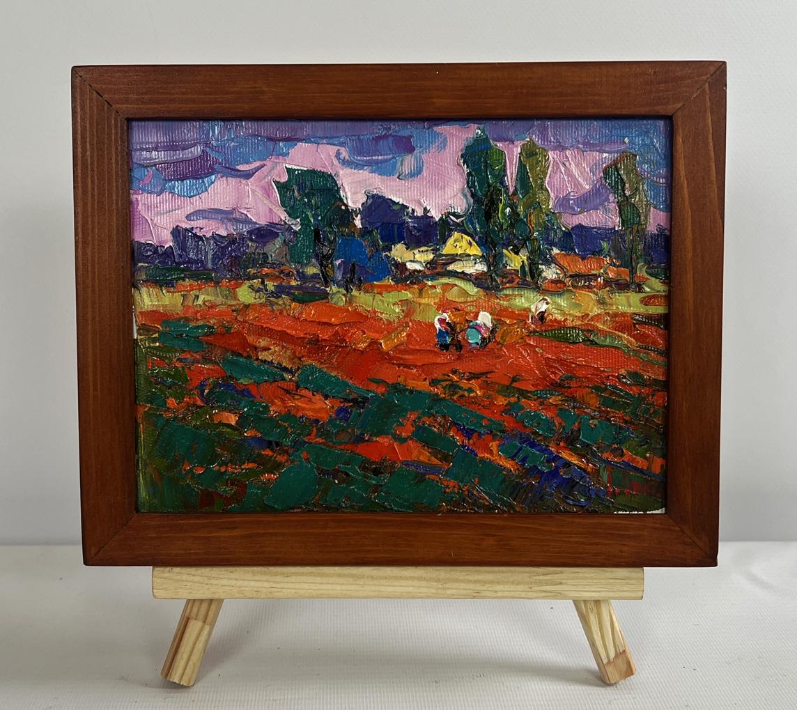 Oil painting Buckwheat stubble by Oksana Ivanyuk vibrant rural impasto scene