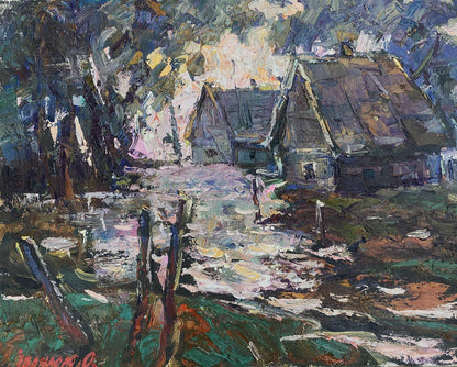Rustic thatched wooden house by Oleksiy Ivanyuk oil painting among trees