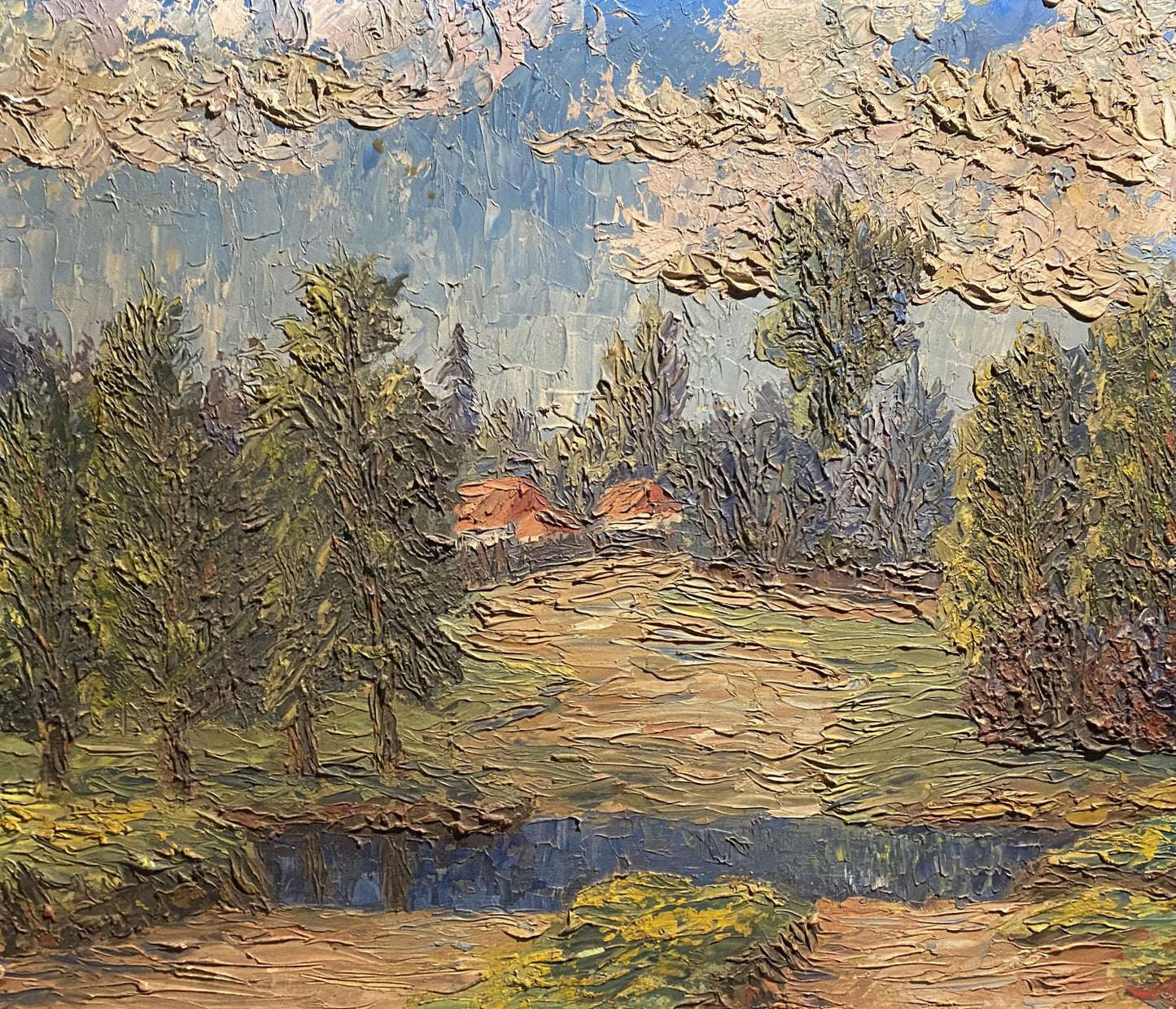 Impasto oil painting Life in Silence: textured path to red-roofed houses in trees