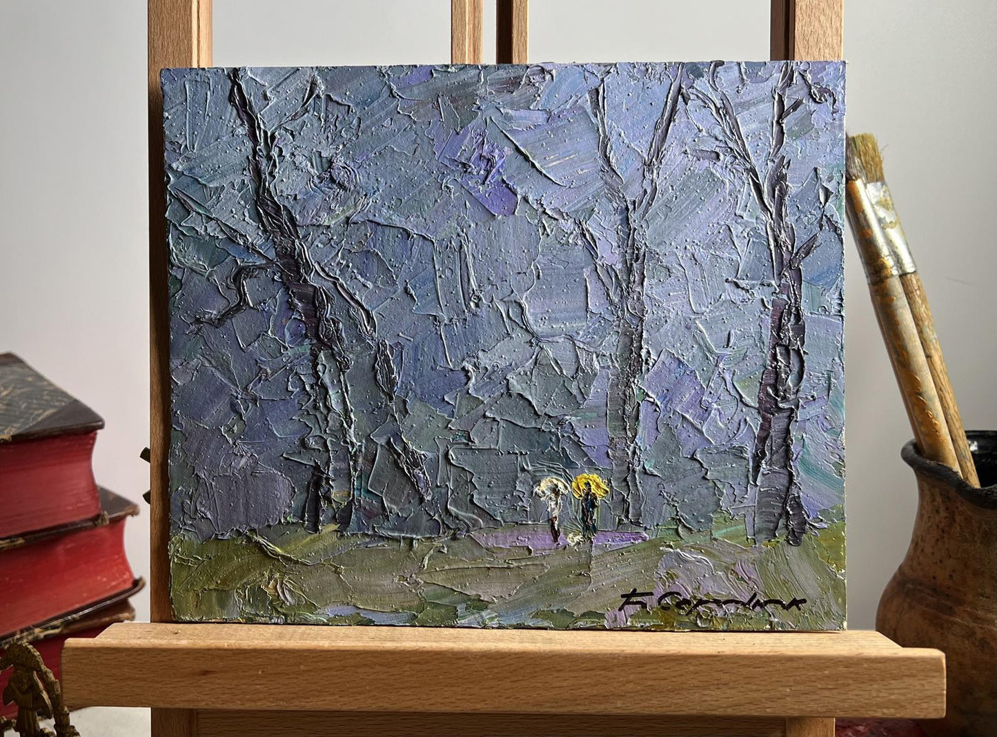 Oil painting Rainy morning by Boris Serdyuk: misty forest with yellow umbrellas
