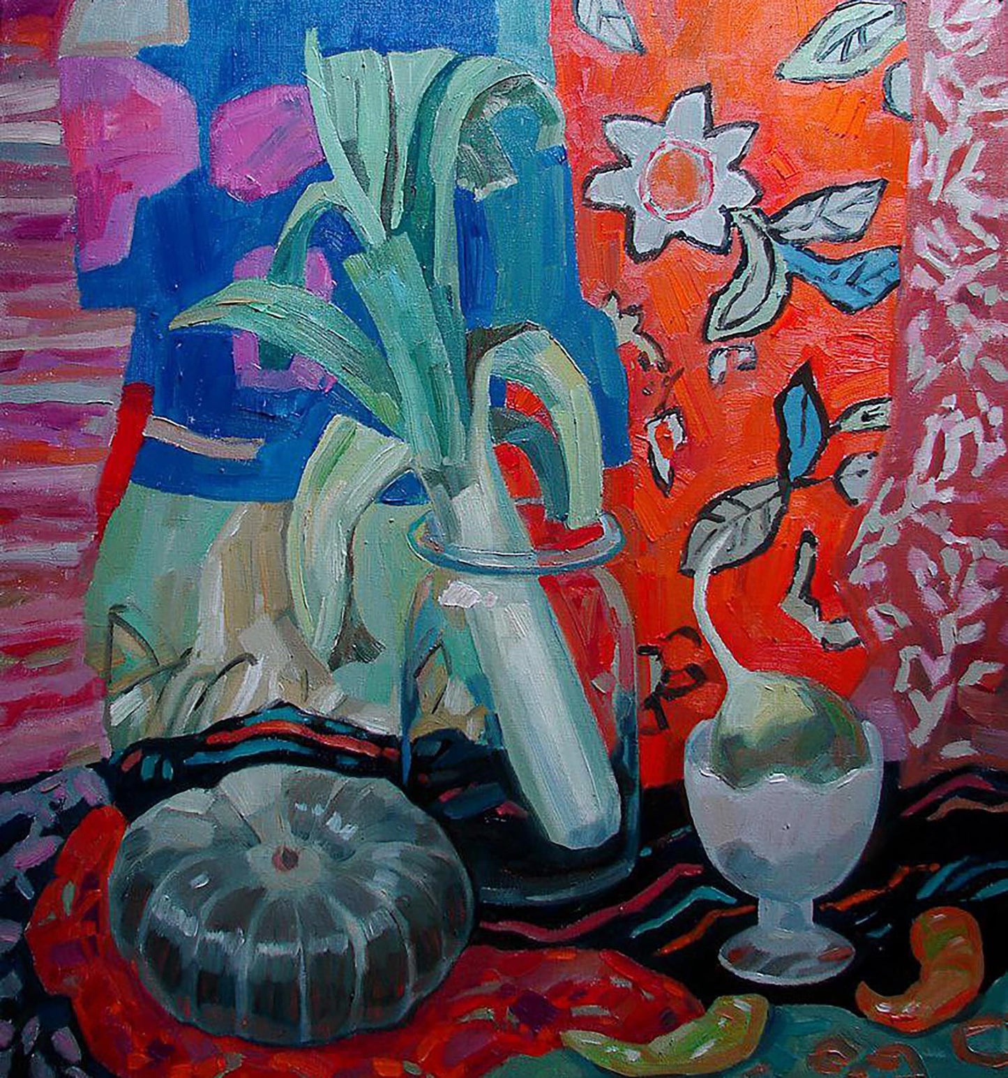 Oil painting Still life with onion by Tatyana Shulyak, leeks in glass vase
