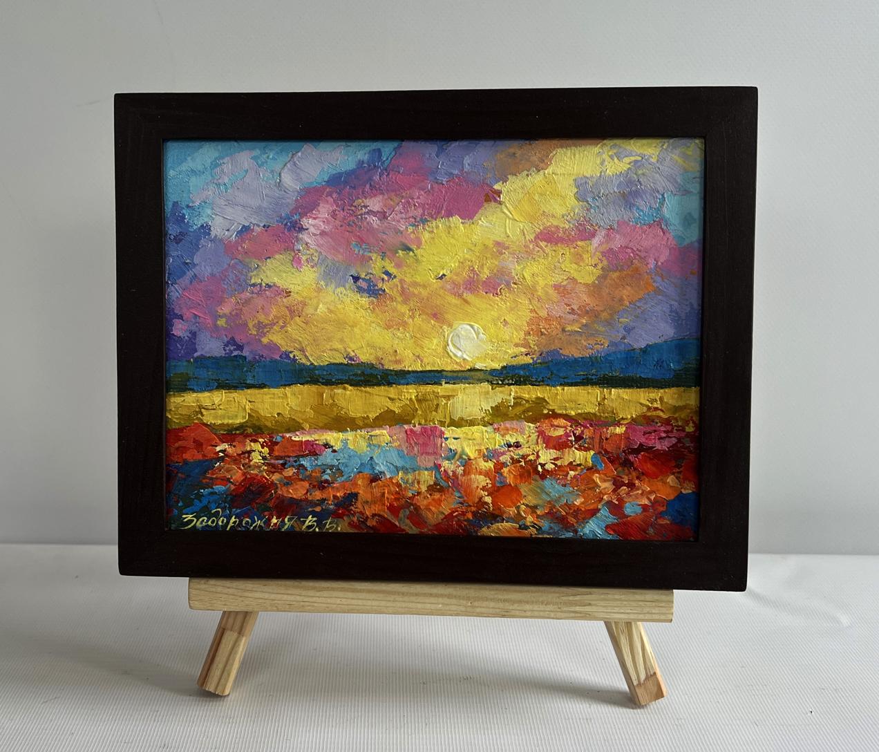 Vibrant oil painting Sunset after the rain by V. Zadorozhnya in black frame