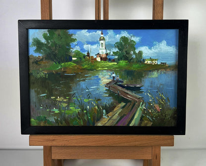Oil painting of Bridge over the river by Yuriy Suprunchuk, serene village scene