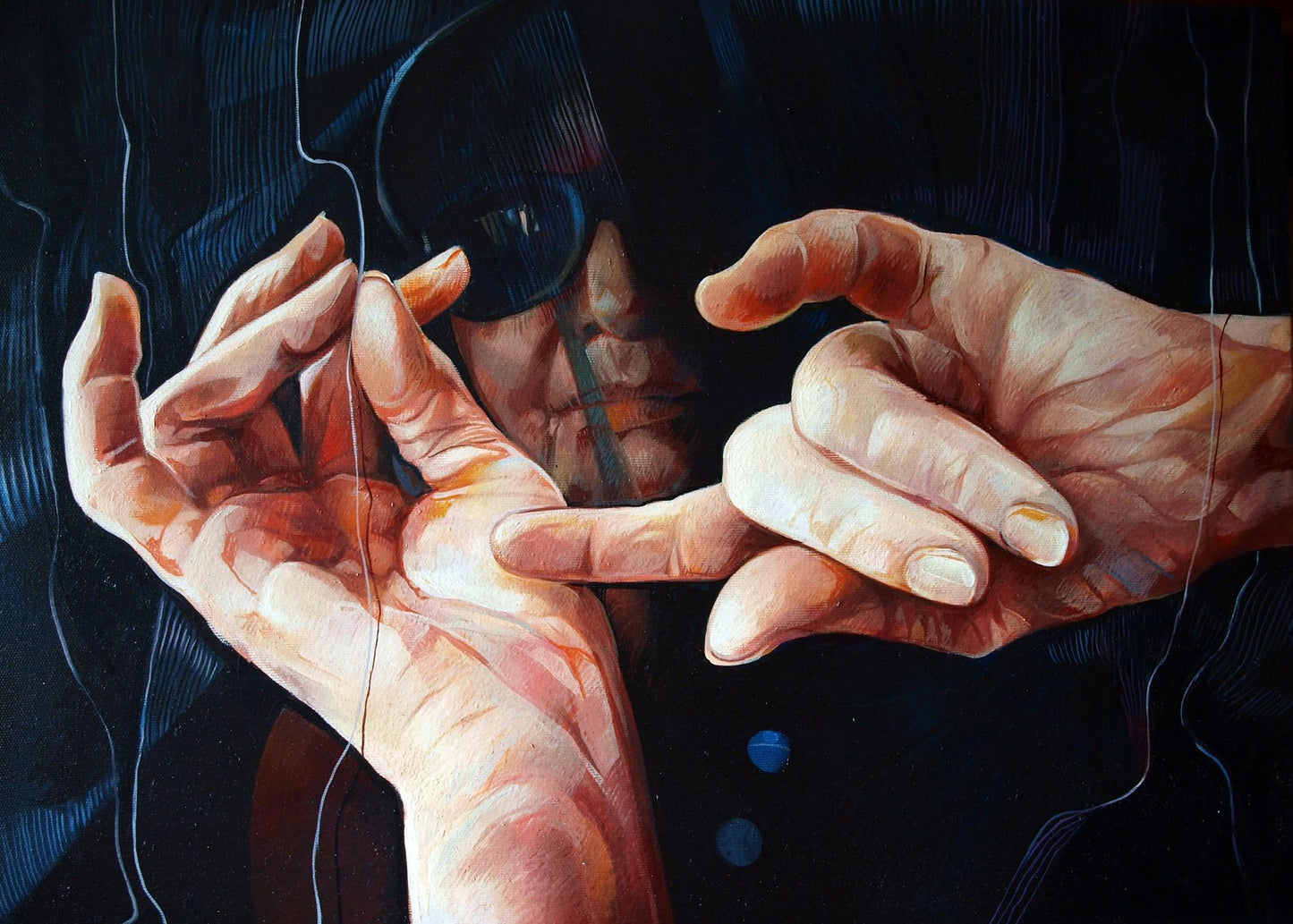 Oil painting Hands of Fortune by Konsta G. Amelinn: shadowed eyepatch face holding wires