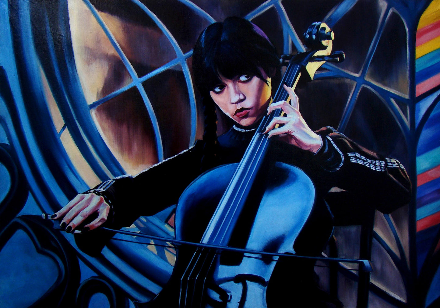 Oil painting Wednesday by Yulia Lihina: young woman with cello