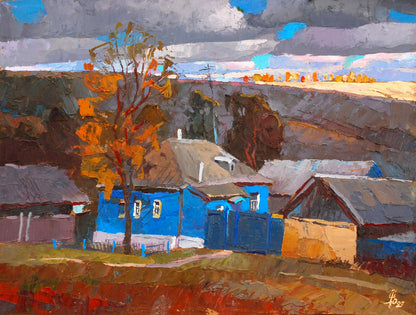 Oil painting The last ray by Egor Shvachunov: blue house, gray roof, autumn hills