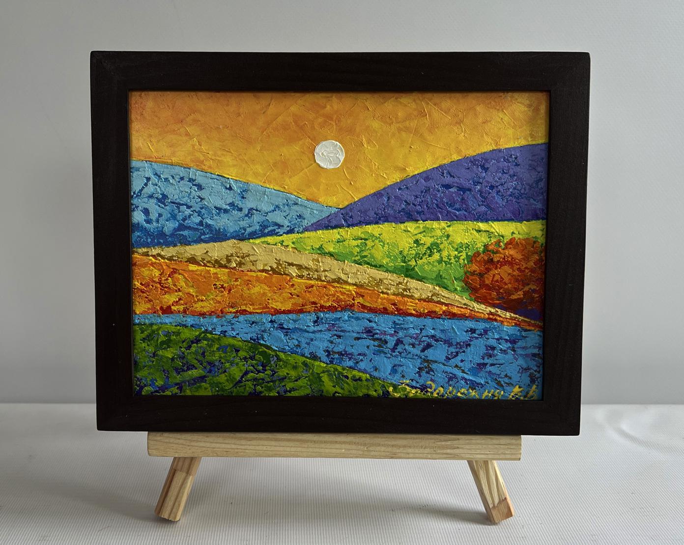 Oil painting Yellow rays of sunset V. Zadorozhnya vibrant hills under orange sky