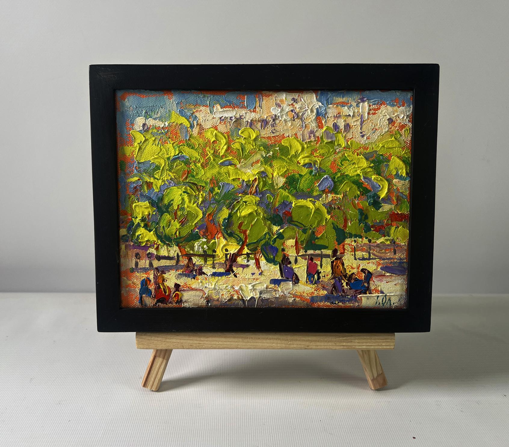 Oil painting Spring city in shade of trees by Oleksiy Ivanyuk in black frame