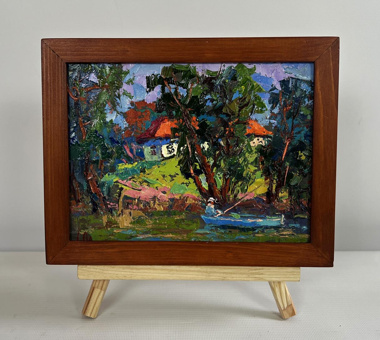 Oil painting Fishing in the Summer by Oleksiy Ivanyuk in wooden frame