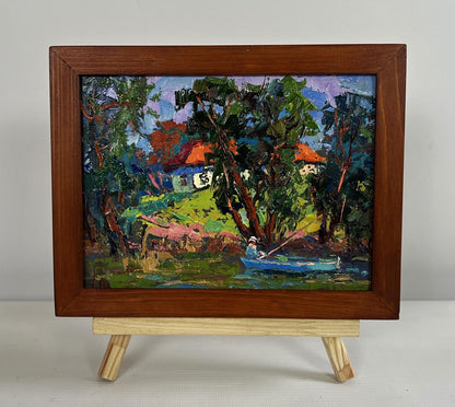 Oil painting Fishing in the Summer by Oleksiy Ivanyuk in wooden frame