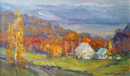 Vibrant Oi painting In the autumn mountains by Ivan Kovalenko, fiery foliage house