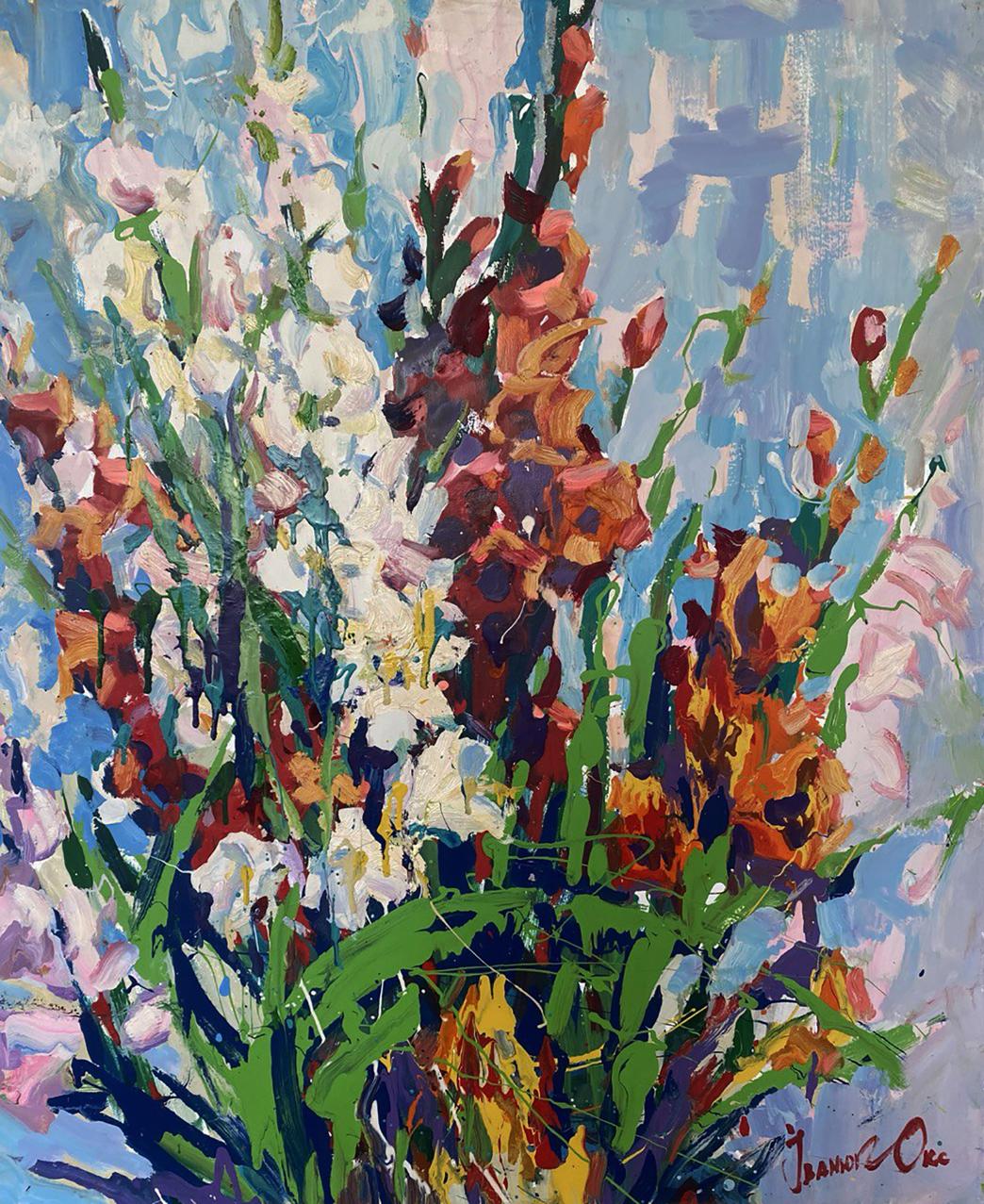 Vibrant impressionist oil painting of summer gladiolus by Oksana Ivanyuk
