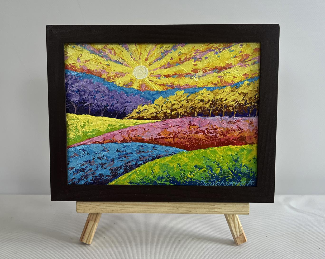 Oil painting Yellow rays of the sun over the forest by V. Zadorozhnya in black frame
