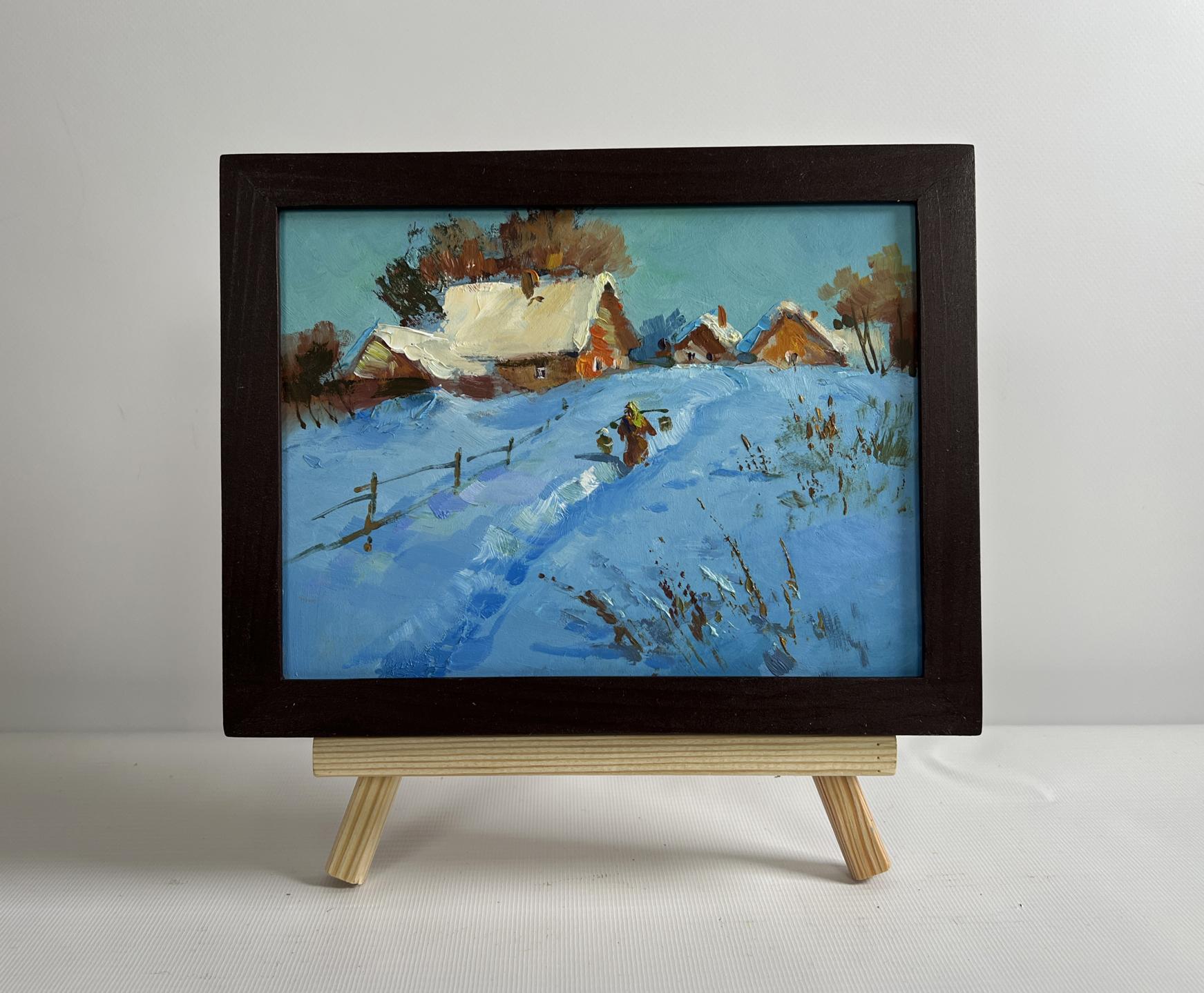 Oil painting Snowy path in the village by Yuriy Suprunchuk in dark wood frame