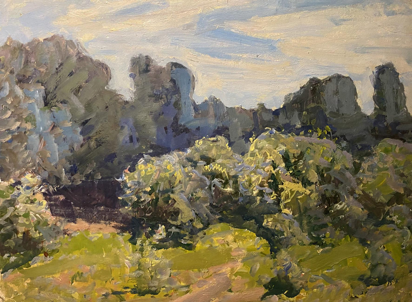 Oil painting Morning by Georgy Kolosovsky: sunlit landscape with foliage and rocks