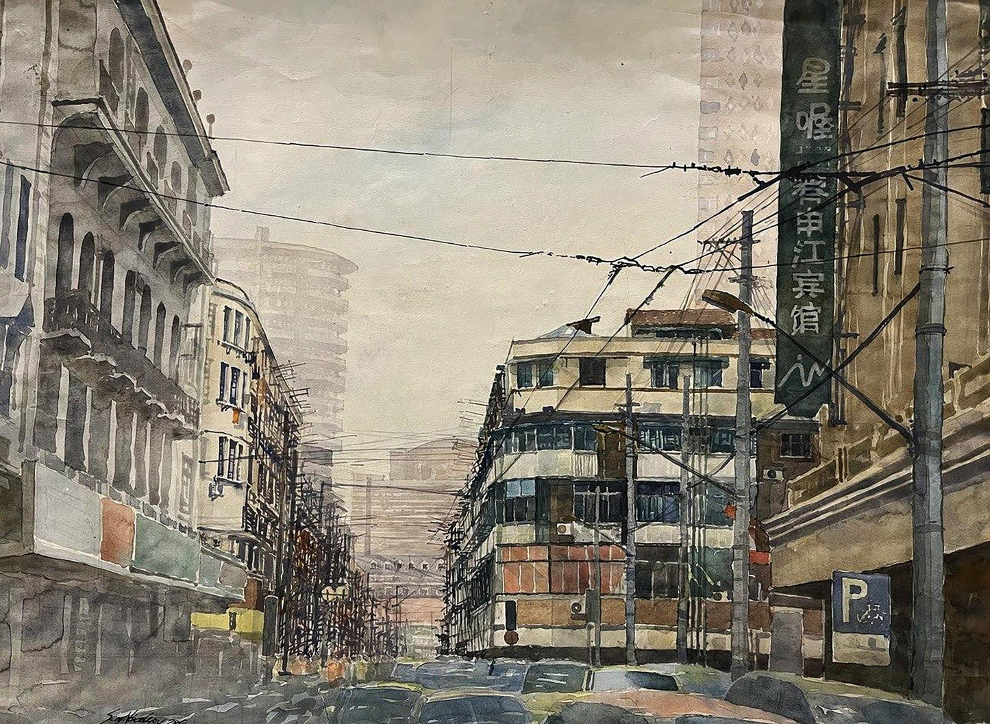 Watercolor painting of Shanghai street by Serhiy Kovalev, muted tones