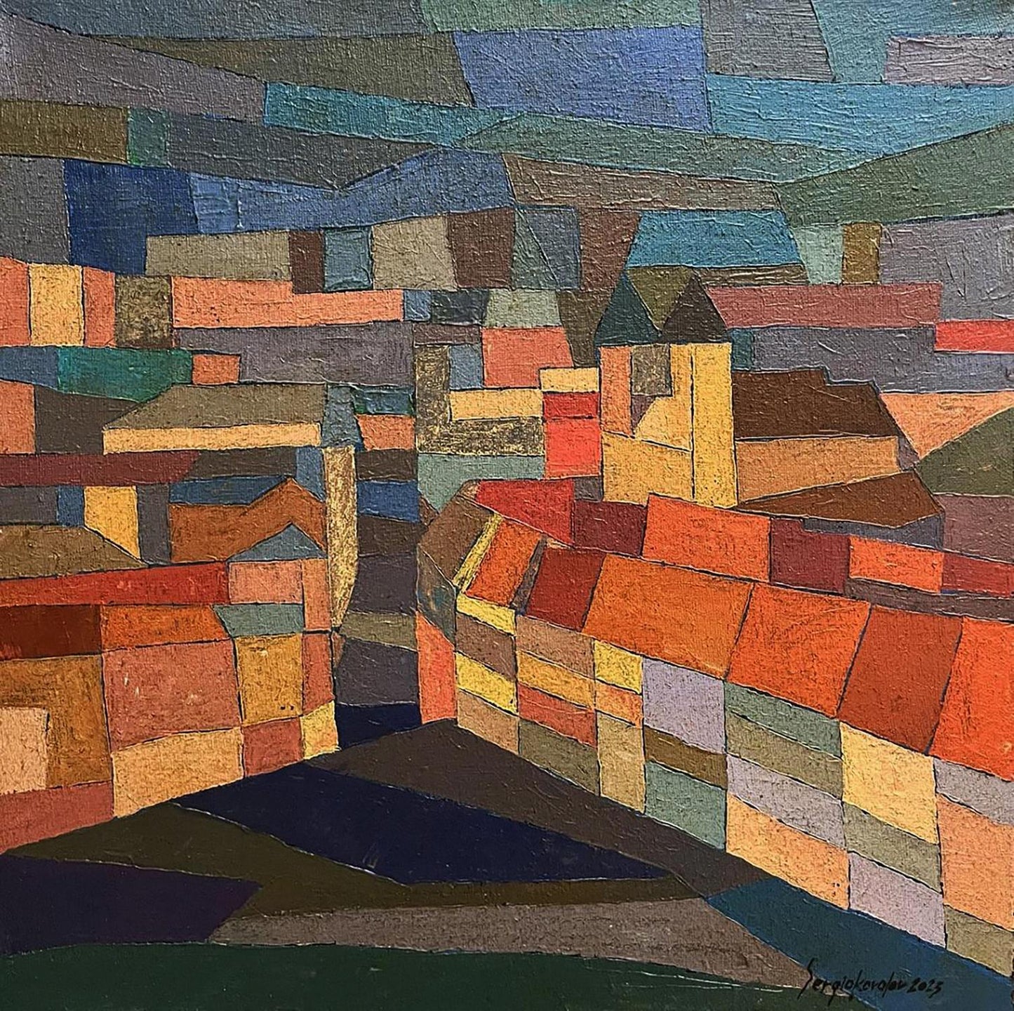 Oil painting Evening city by Serhiy Kovalev: vibrant abstract town