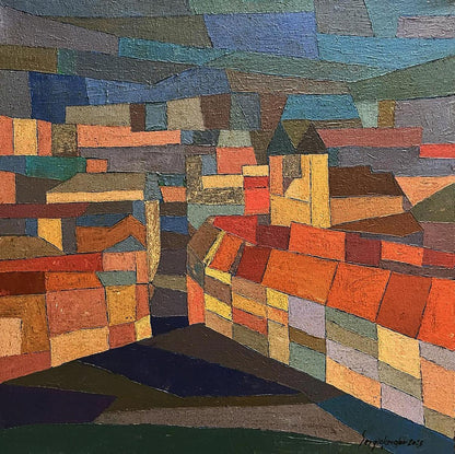 Oil painting Evening city by Serhiy Kovalev: vibrant abstract town