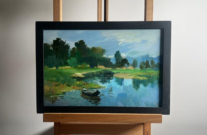 Oil painting Warm weather for fishing by Yuriy Suprunchuk serene landscape