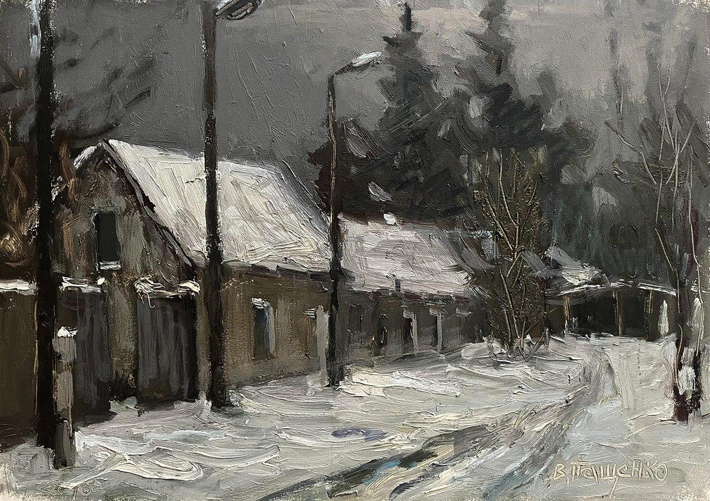 Oil painting by Volodymyr Pashchenko: snow-covered wooden houses under gray sky