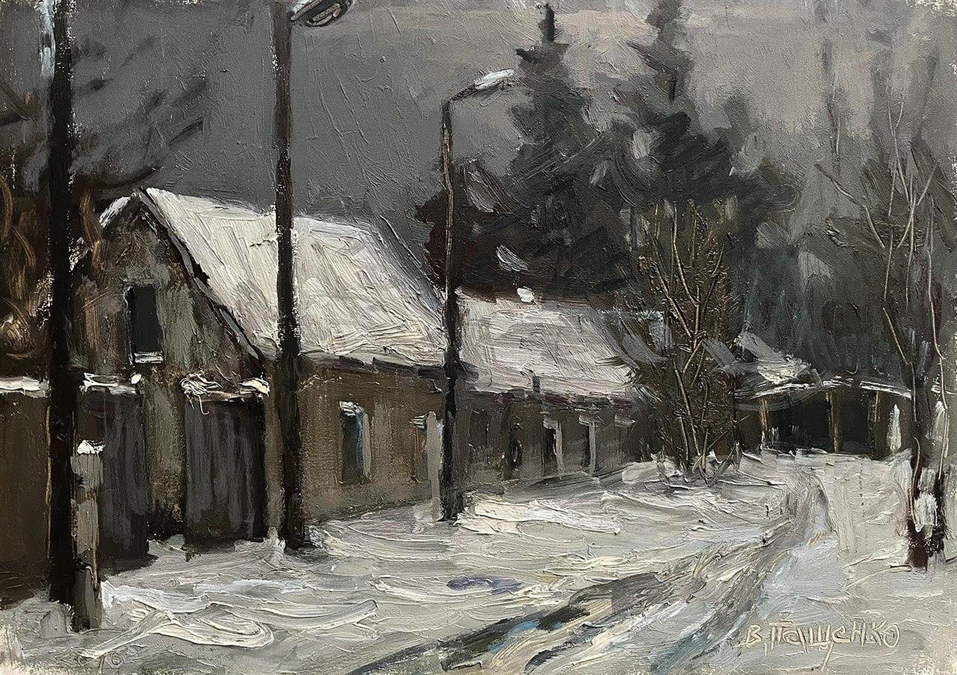 Oil painting by Volodymyr Pashchenko: snow-covered wooden houses under gray sky