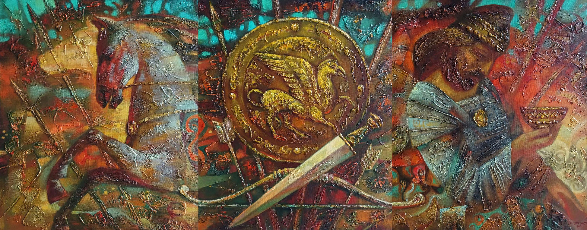 Golden griffin shield in Anatoly Tarabanoff Scythian legend oil painting