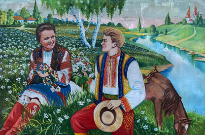 Oil painting Picking flowers by the river: folk-art couple in embroidered costumes by birch trees