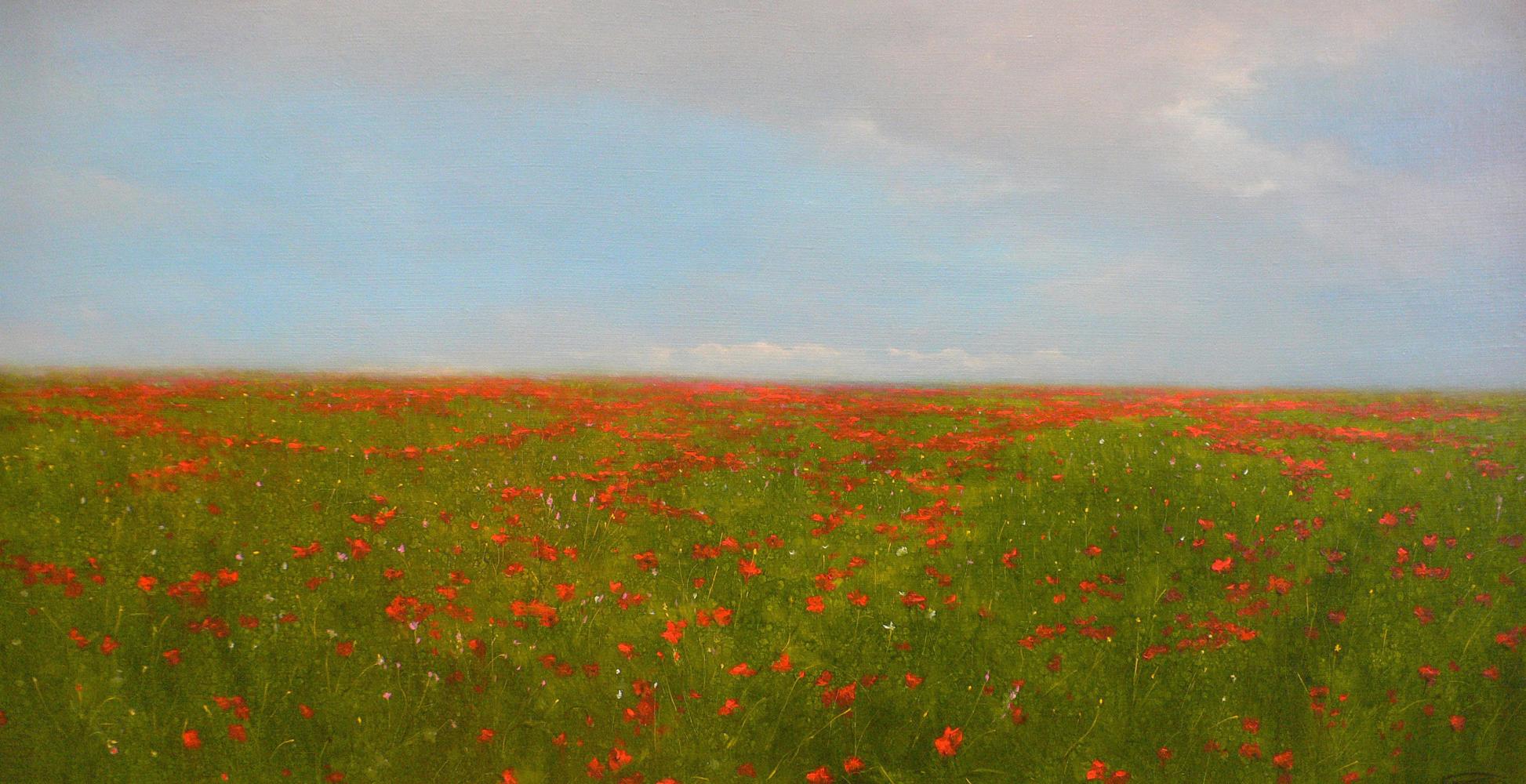 Oil painting of blooming red poppy field by Vasily Korkishko
