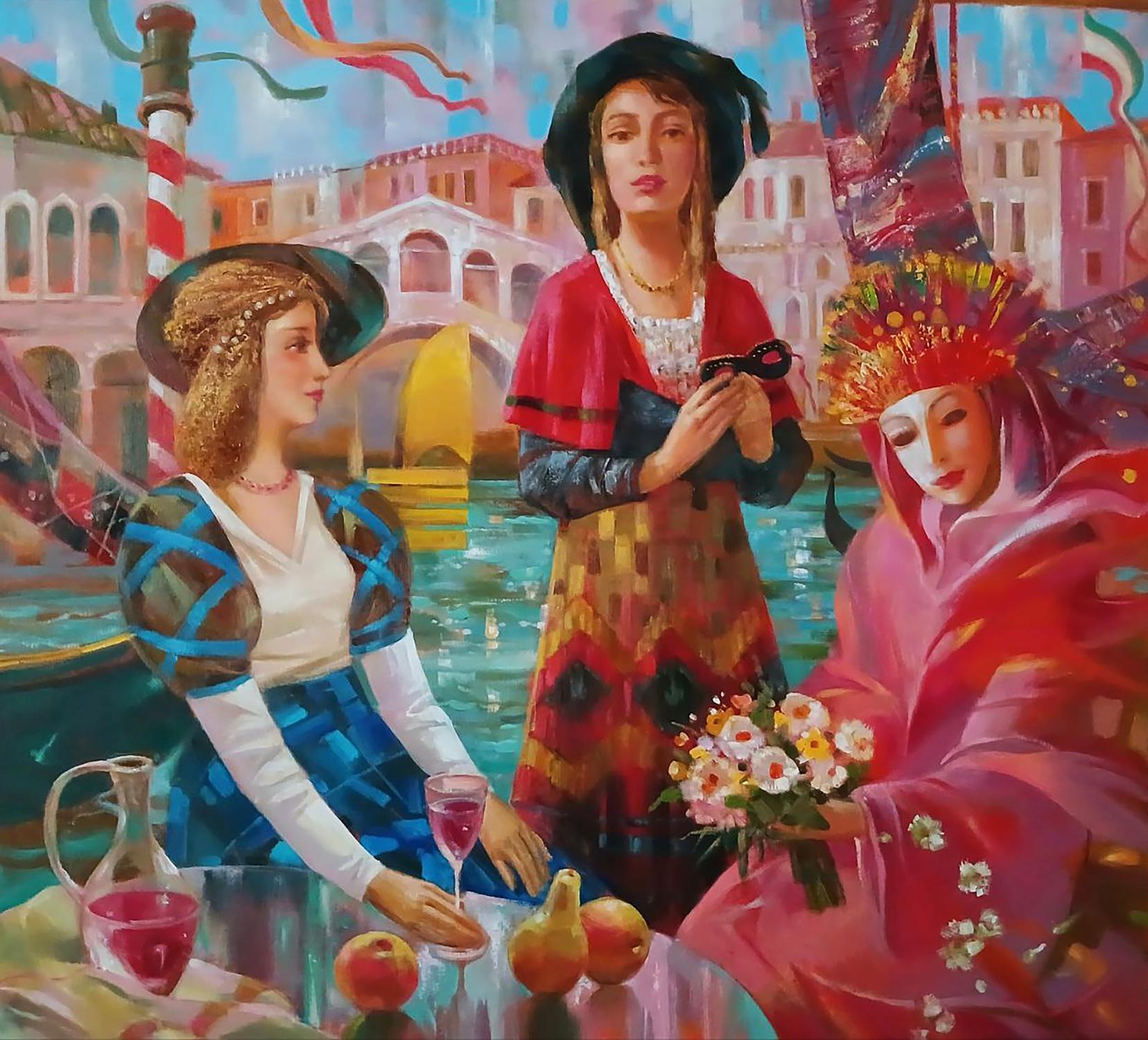 Abstract oil painting Carnival in Venice by Anatoly Tarabanov, three women in Venetian attire