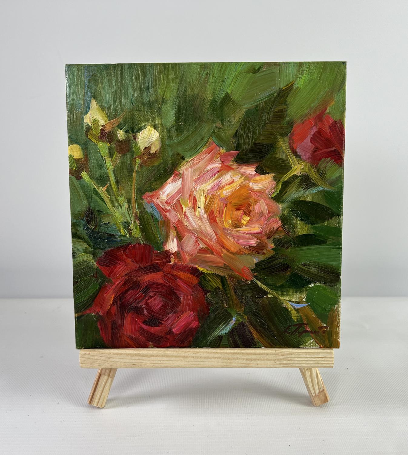 Oil painting Summer roses in the garden by Vyacheslav Pereta on easel