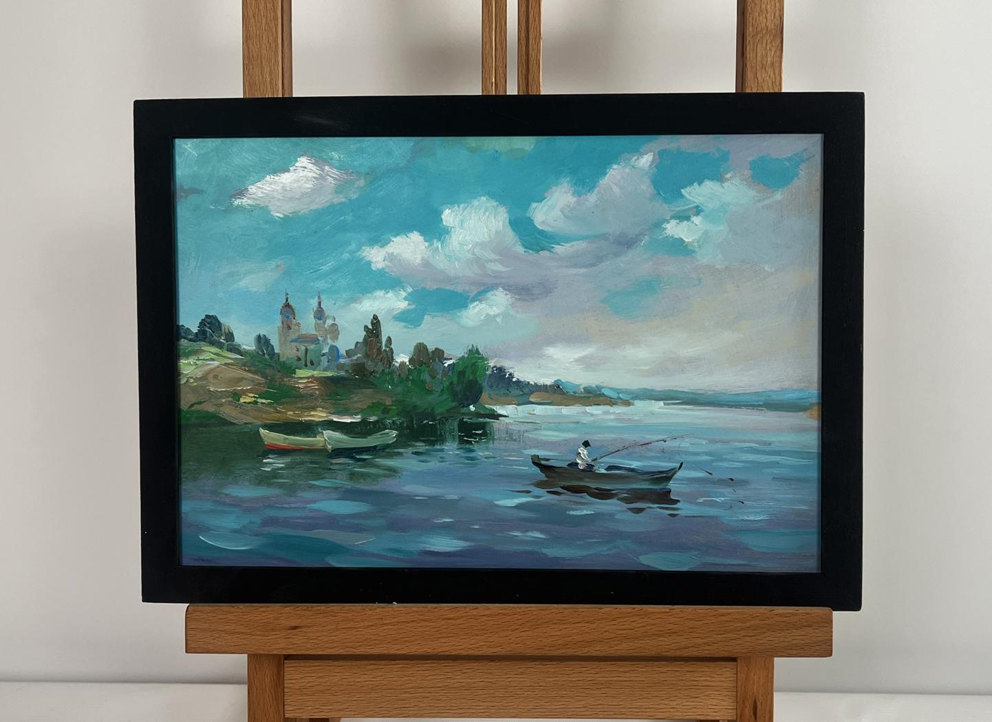 Framed oil painting of summer quiet fishing lakeside by Yuriy Suprunchuk