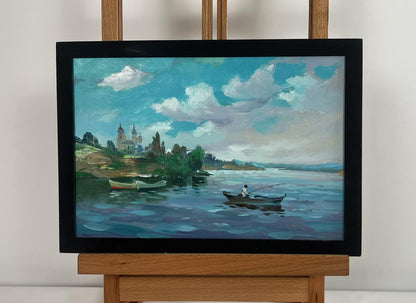 Framed oil painting of summer quiet fishing lakeside by Yuriy Suprunchuk