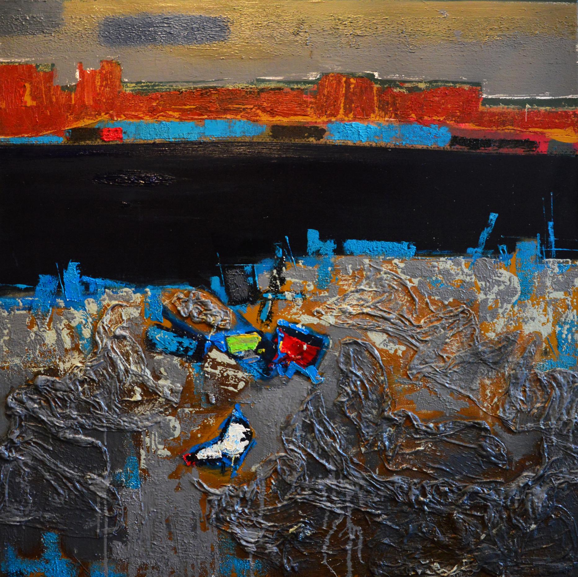 Oil painting At the River by Natalia Korf-Ivaniuk with bold reds, blues, grays