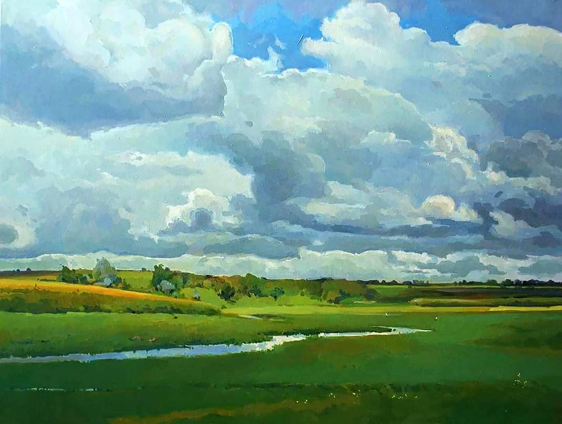 Oil painting by Anastasia Yaroshevich: vibrant green fields under cloudy sky