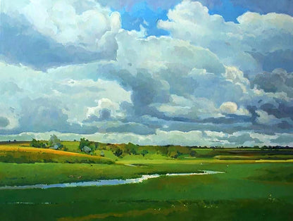 Oil painting by Anastasia Yaroshevich: vibrant green fields under cloudy sky