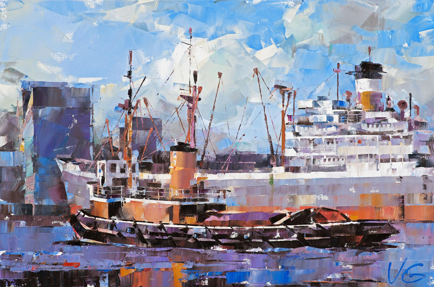 Oil painting of cargo ship and tugboat by Volodymyr Gluhomanyuk