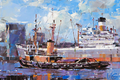 Oil painting of cargo ship and tugboat by Volodymyr Gluhomanyuk