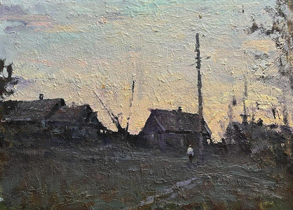 Oil painting Autumn in the village by Volodymyr Pashchenko at dusk