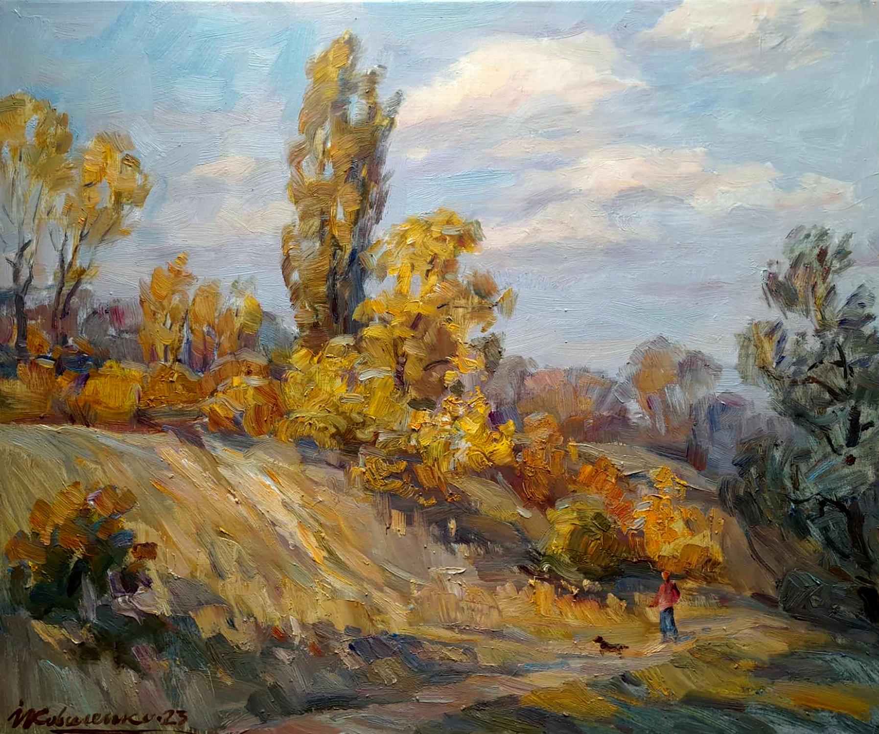 Autumn park oil painting by Ivan Kovalenko with golden trees and path