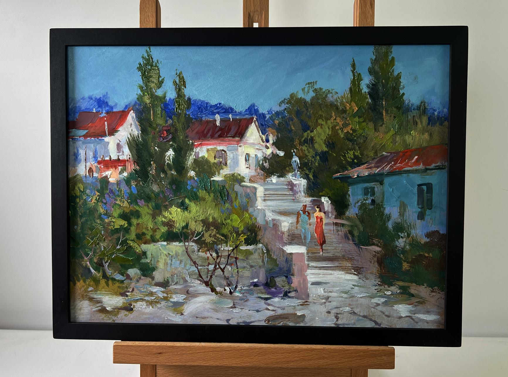 Oil painting by Yuriy Suprunchuk: sunlit village with white houses, figures on steps