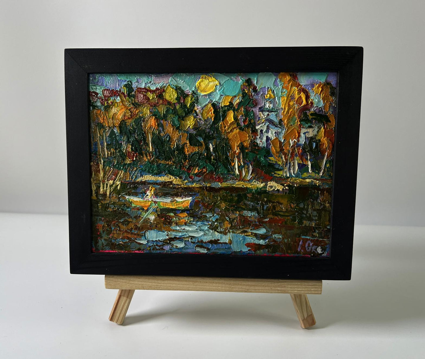 Impressionist oil painting Evening boat ride by Oksana Ivanyuk in black frame